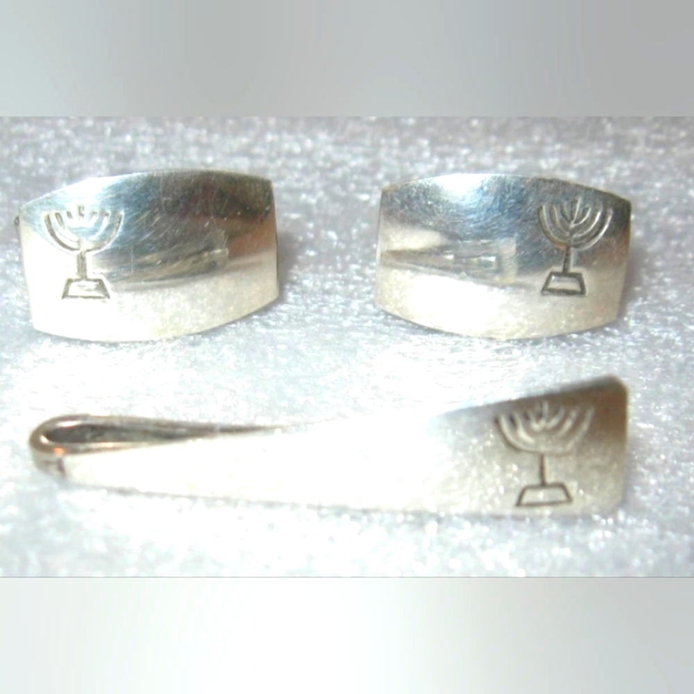 Sterling Silver Menorah Cufflinks and Tie Clip Set, Isreal